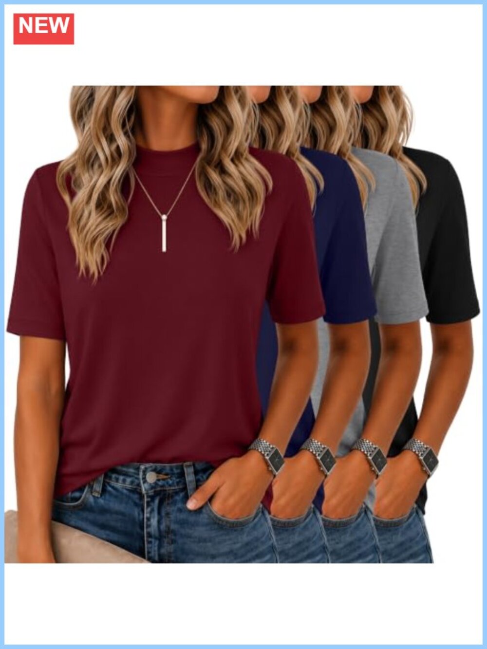 Women's Mock Neck Short Sleeve Tops 4 Pack Stretch Comfort